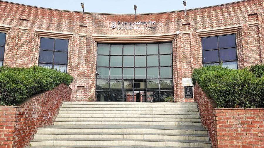The entrance of the JNU Convention Centre, the red-brick building on the JNU campus where the panel is held